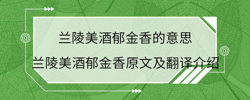 兰陵美酒郁金香的意思 兰陵美酒郁金香原文及翻译介绍