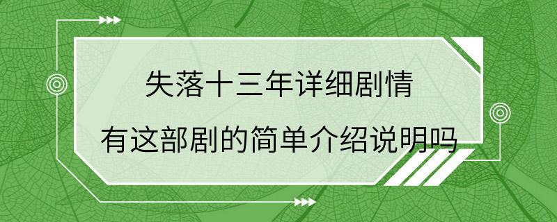 失落十三年详细剧情 有这部剧的简单介绍说明吗