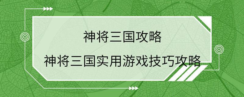 神将三国攻略 神将三国实用游戏技巧攻略