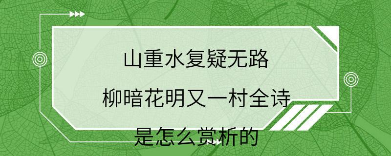 山重水复疑无路 柳暗花明又一村全诗 是怎么赏析的