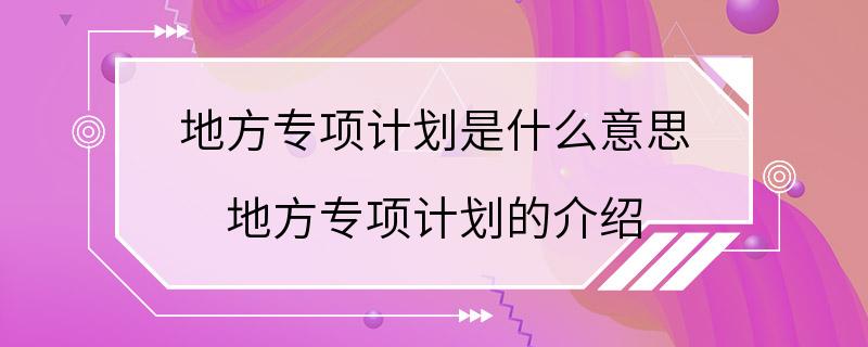 地方专项计划是什么意思 地方专项计划的介绍