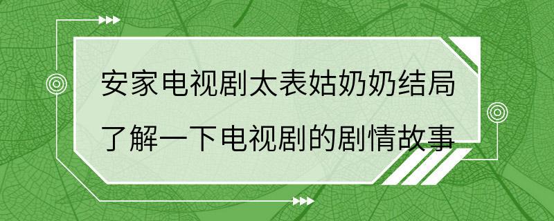 安家电视剧太表姑奶奶结局 了解一下电视剧的剧情故事