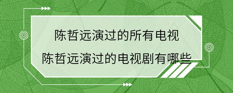 陈哲远演过的所有电视 陈哲远演过的电视剧有哪些