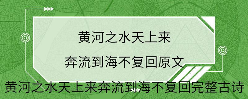 黄河之水天上来 奔流到海不复回原文 黄河之水天上来奔流到海不复回完整古诗